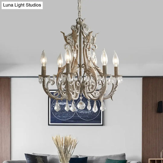 French Country Candle Chandelier - 6 Light Crystal Hanging In Antiqued Grey