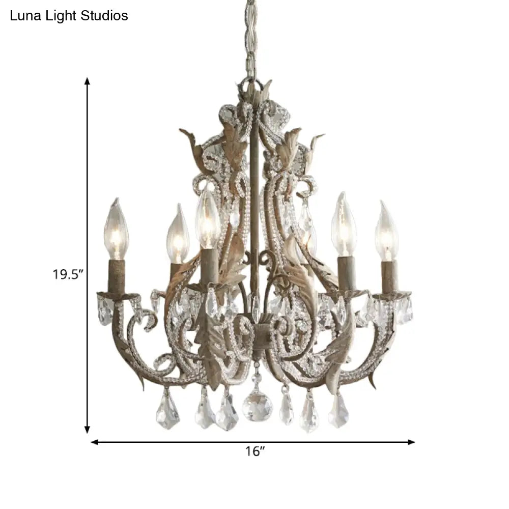 French Country 6-Light Crystal Candle Chandelier In Antiqued Grey
