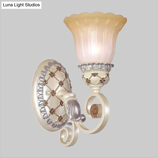 French Country Blossom Wall Sconce - Opaline Glass Lighting With Swirl Arm In Gold