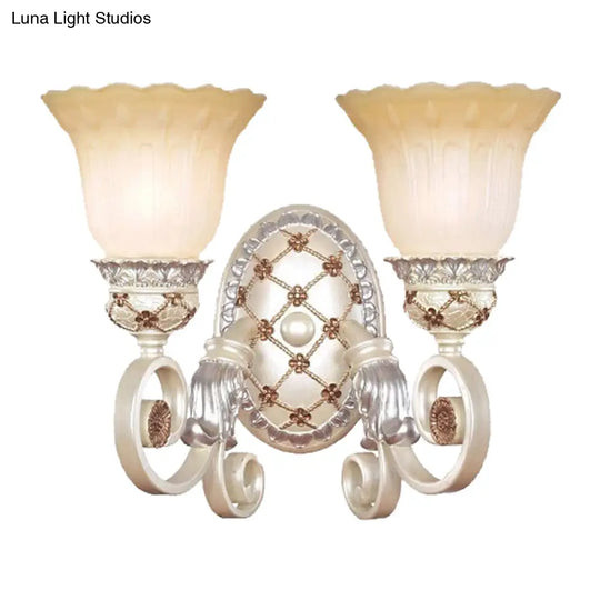 French Country Blossom Wall Sconce - Opaline Glass Lighting With Swirl Arm In Gold