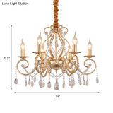French Country Candle Chandelier Metal Pendant Light With Crystal Bead Accents In Gold 3/6/8 Lights