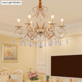 French Country Candle Chandelier Metal Pendant Light With Crystal Bead Accents In Gold 3/6/8 Lights