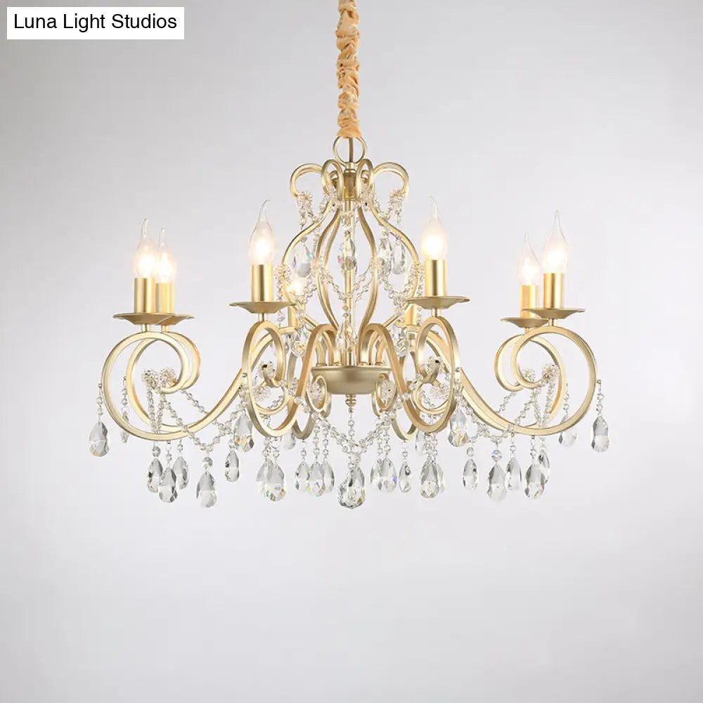 French Country Candle Chandelier Metal Pendant Light With Crystal Bead Accents In Gold 3/6/8 Lights