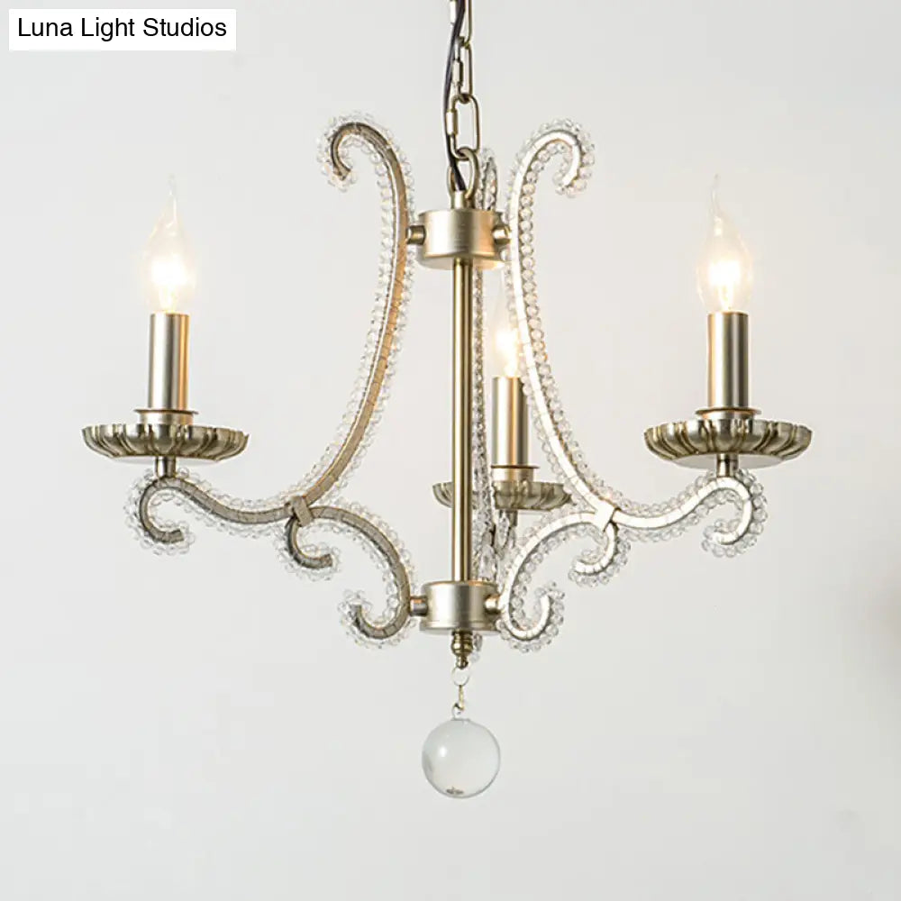 French Country Crystal Bead Chandelier With Chrome Finish - Elegant Drop Lamp For Dining Room
