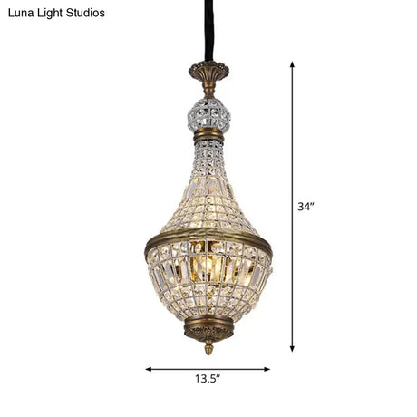 French Country Crystal Bedroom Ceiling Pendant Light Fixture - Brass Empire Chandelier