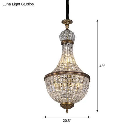 French Country Crystal Bedroom Ceiling Pendant Light Fixture - Brass Empire Chandelier
