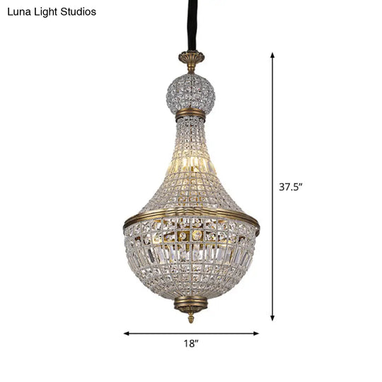 French Country Crystal Bedroom Ceiling Pendant Light Fixture - Brass Empire Chandelier