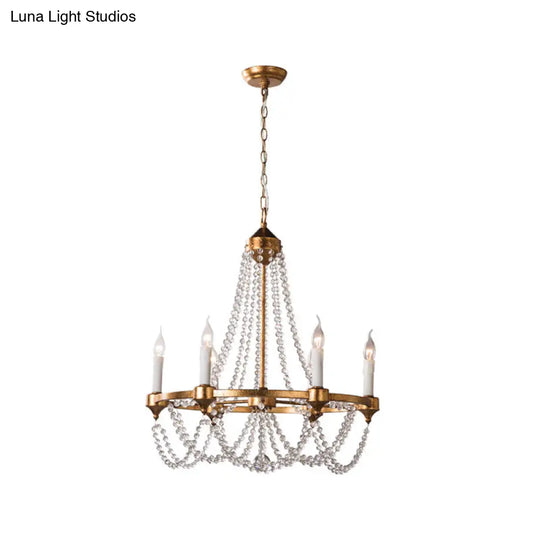 Crystal Beaded French Country Candle Chandelier With 6 Lights In Antique Brass Pendant Lighting
