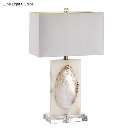French Country Fabric Rectangle Living Room Table Lamp - White Nightstand Light With Shell
