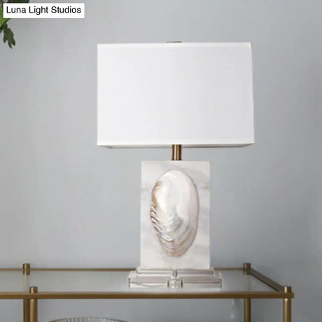 French Country Fabric Rectangle Living Room Table Lamp - White Nightstand Light With Shell