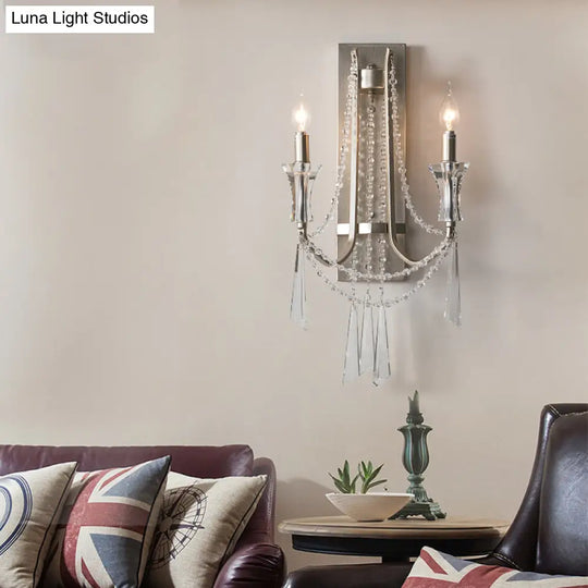 French Country Style 2-Bulb Candle Wall Lamp With Crystals - Brushed Silver Metal Light