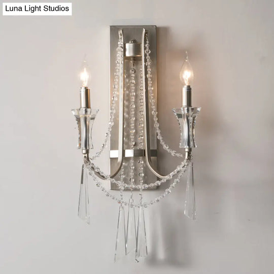 French Country Style 2-Bulb Candle Wall Lamp With Crystals - Brushed Silver Metal Light