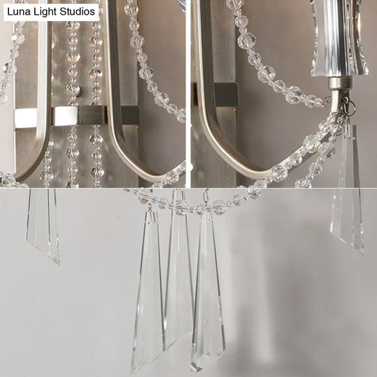 French Country Style 2-Bulb Candle Wall Lamp With Crystals - Brushed Silver Metal Light