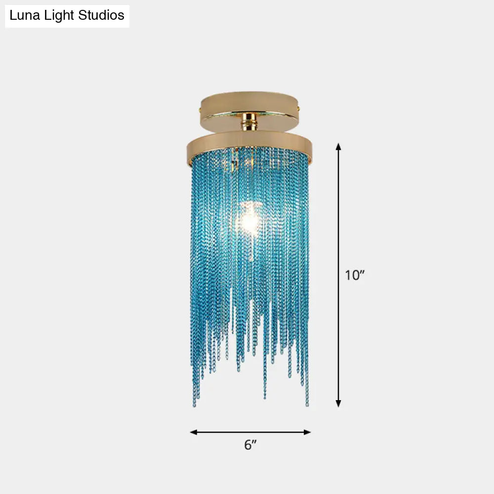 Fringed Chainlet Flush Mount Ceiling Light - Contemporary Aluminum Fixture For Corridors Blue