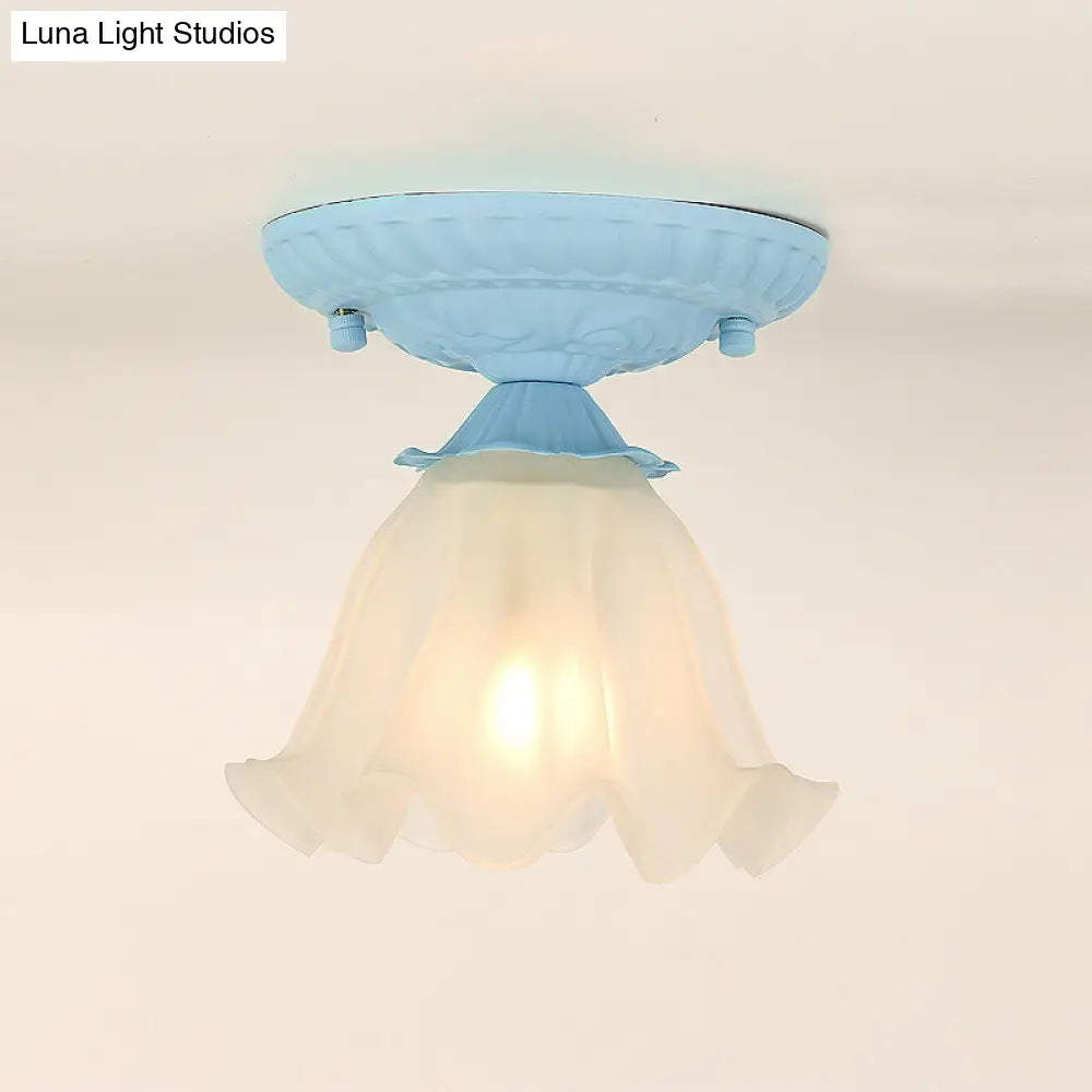 Frost Glass Ruffle Semi Flush Ceiling Light - Single - Bulb Pastoral Bedroom Fixture Blue