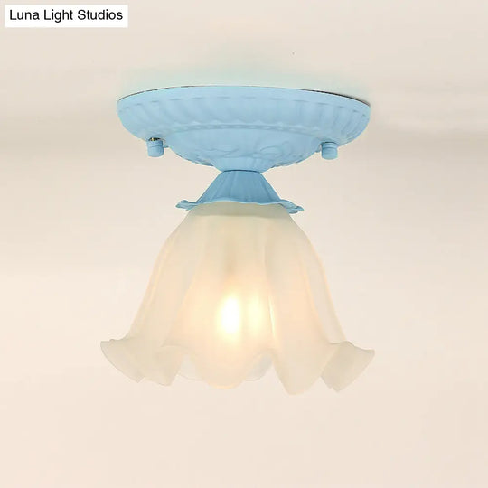 Frost Glass Ruffle Semi Flush Ceiling Light - Single - Bulb Pastoral Bedroom Fixture Blue