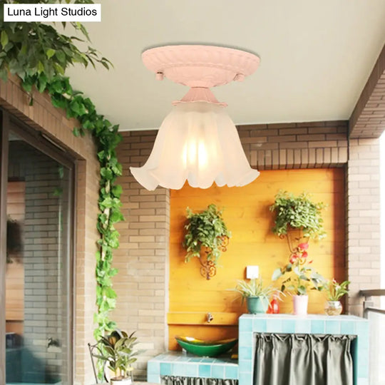 Frost Glass Ruffle Semi Flush Ceiling Light - Single - Bulb Pastoral Bedroom Fixture Pink