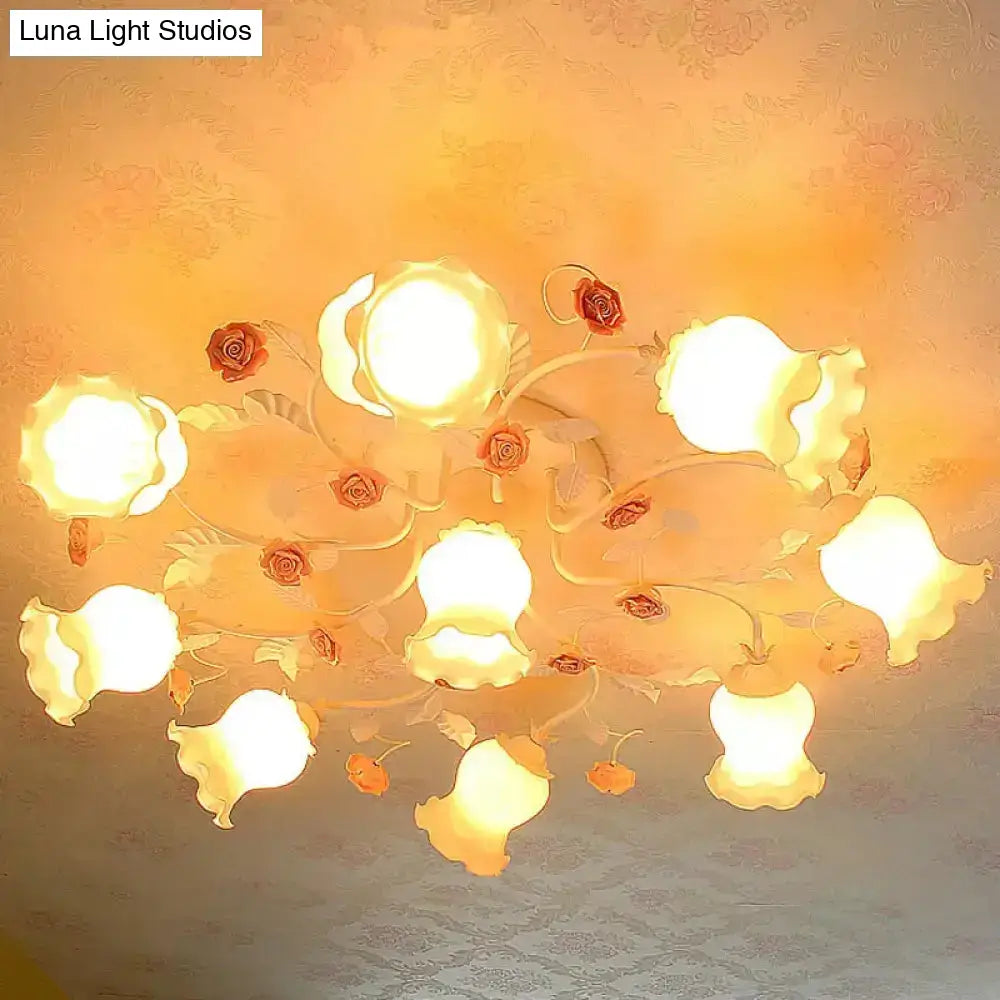 Frosted Cream Glass Ruffle Ceiling Light - 9 Lights Semi Flush Mounted Lamp For Bedrooms Pink/Green