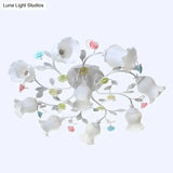 Frosted Cream Glass Ruffle Ceiling Light - 9 Lights Semi Flush Mounted Lamp For Bedrooms Pink/Green