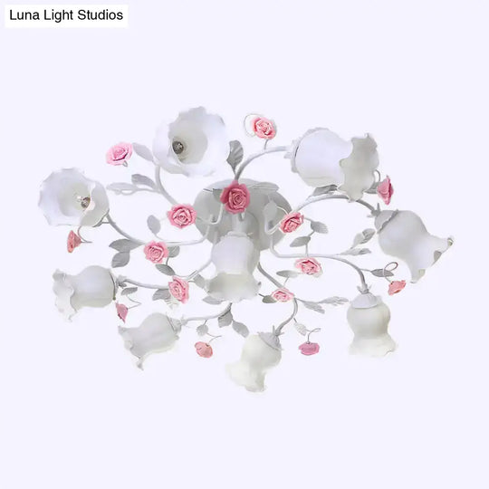 Frosted Cream Glass Ruffle Ceiling Light - 9 Lights Semi Flush Mounted Lamp For Bedrooms Pink/Green
