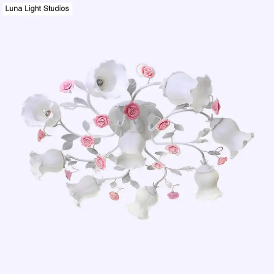 Frosted Cream Glass Ruffle Ceiling Light - 9 Lights Semi Flush Mounted Lamp For Bedrooms Pink/Green