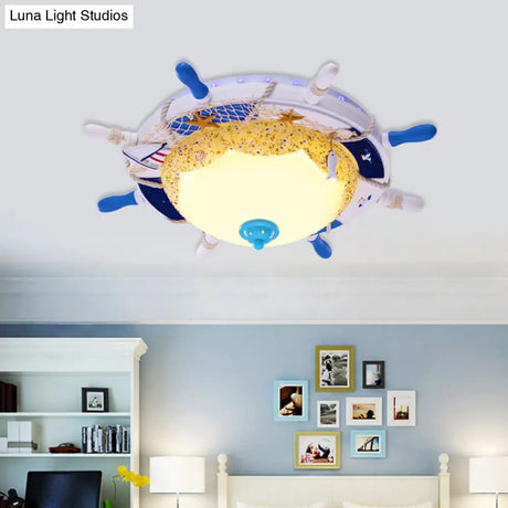 Frosted Dome Opal Glass Ceiling Light - Kid’s White Led Flush Mount With Rudder Canopy & Marine