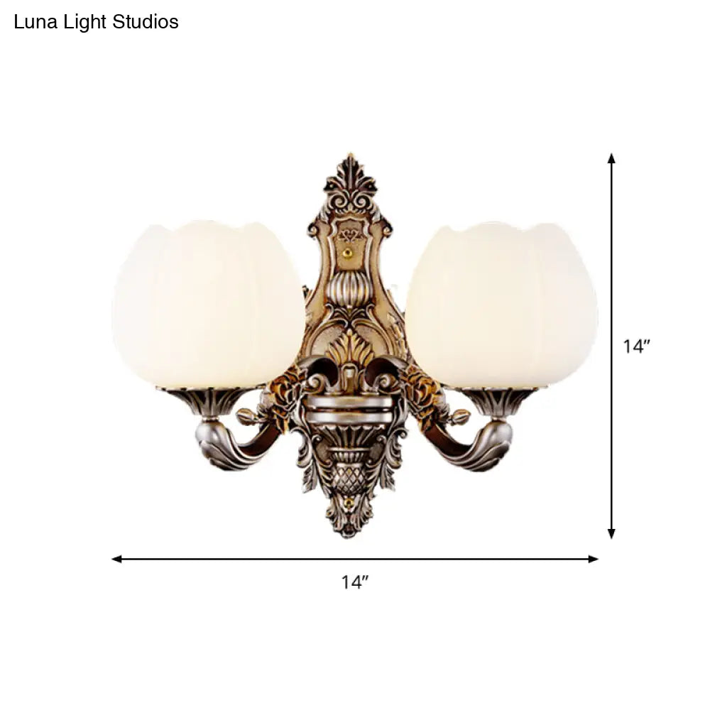 Frosted Glass Bloom Wall Light Vintage Sconce For Living Room With Curved Arm In Coffee