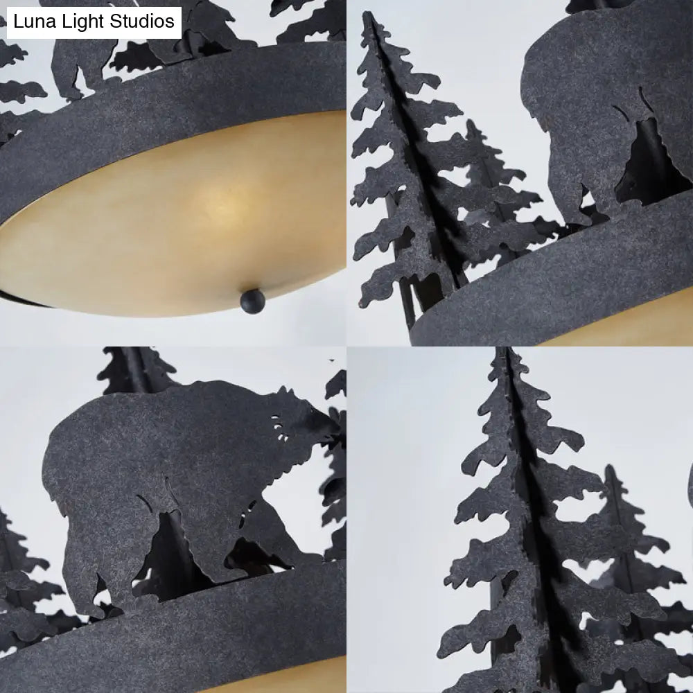 Frosted Glass Bowl Chandelier - 3-Light Pendant Light In Black With Tree And Bear Detailing
