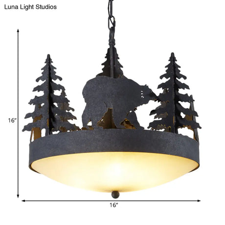 Frosted Glass Bowl Chandelier - 3-Light Pendant Light In Black With Tree And Bear Detailing