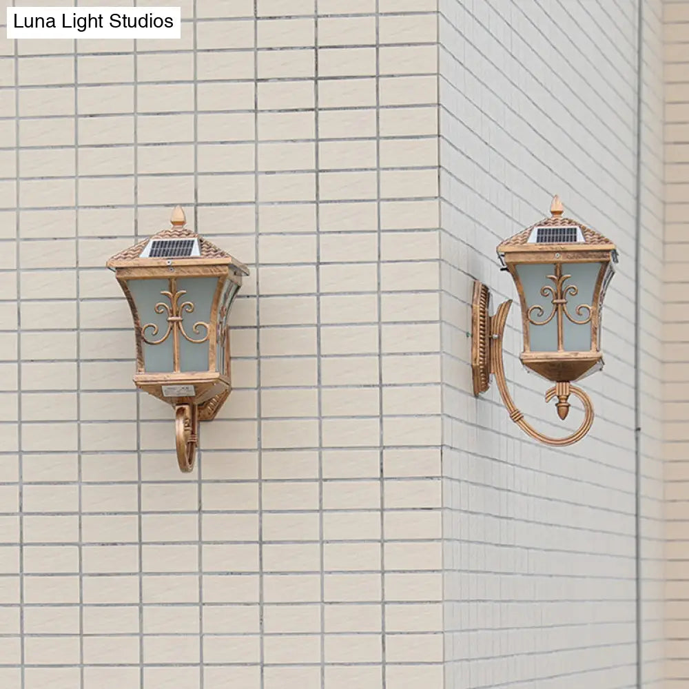 Frosted Glass Brass Wall Sconce - Tapered Traditional Light With Scrolls