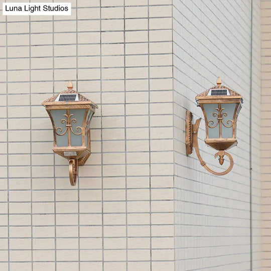 Frosted Glass Brass Wall Sconce - Tapered Traditional Light With Scrolls