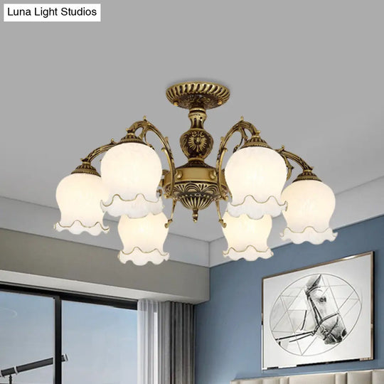 Frosted Glass Bronze Semi Flush Ceiling Lamp With Flower Design - 3/5/6 - Bulb Antique Lighting