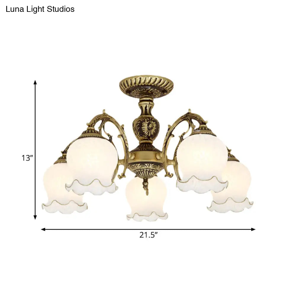 Frosted Glass Bronze Semi Flush Ceiling Lamp With Flower Design - 3/5/6-Bulb Antique Lighting