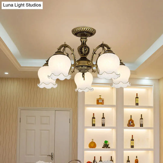 Frosted Glass Bronze Semi Flush Ceiling Lamp With Flower Design - 3/5/6-Bulb Antique Lighting
