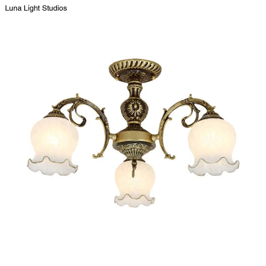 Frosted Glass Bronze Semi Flush Ceiling Lamp With Flower Design - 3/5/6-Bulb Antique Lighting