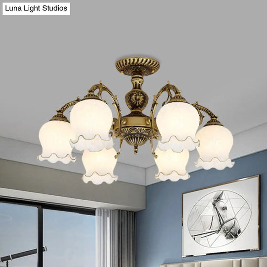 Frosted Glass Bronze Semi Flush Ceiling Lamp With Flower Design - 3/5/6-Bulb Antique Lighting