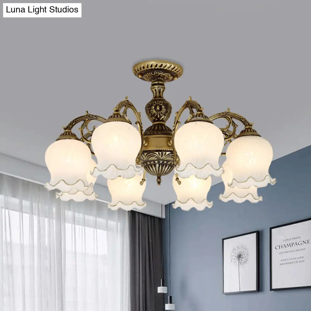 Frosted Glass Bronze Semi Flush Ceiling Lamp With Flower Design - 3/5/6 - Bulb Antique Lighting