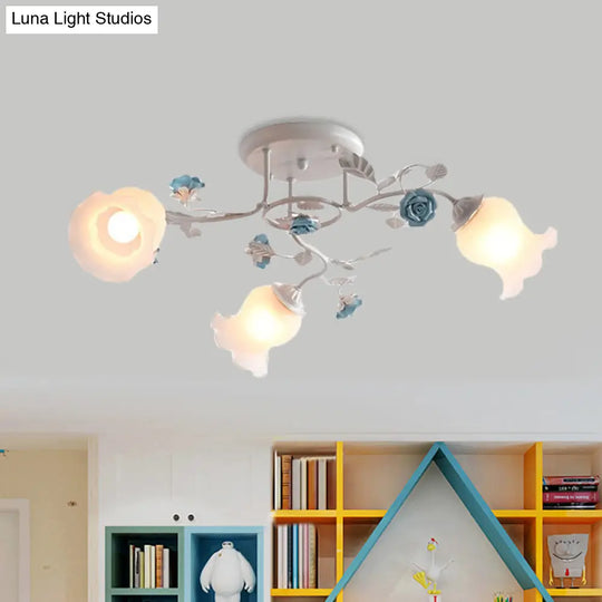 Frosted Glass Bud Semi Flush Chandelier In Pink/Blue/Blue - White - Ceiling Mount Lamp For