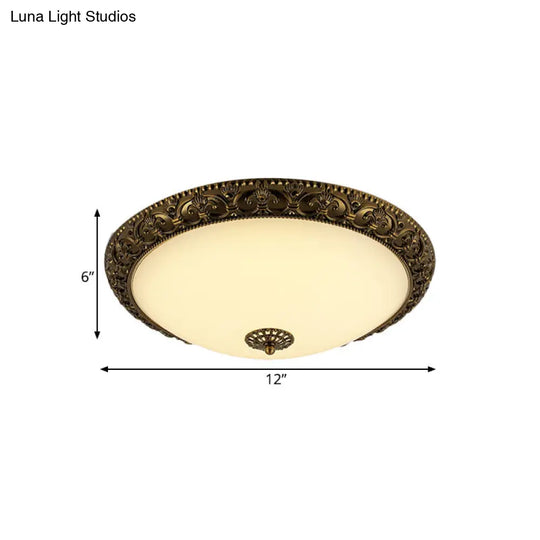 Frosted Glass Ceiling Fixture - Rustic Led Bedroom Flush Mount Lighting In Brass (Bowl Design