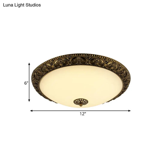 Frosted Glass Ceiling Fixture - Rustic Led Bedroom Flush Mount Lighting In Brass (Bowl Design