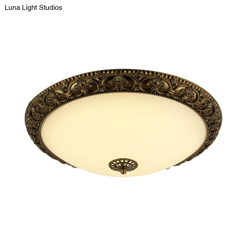 Frosted Glass Ceiling Fixture - Rustic Led Bedroom Flush Mount Lighting In Brass (Bowl Design