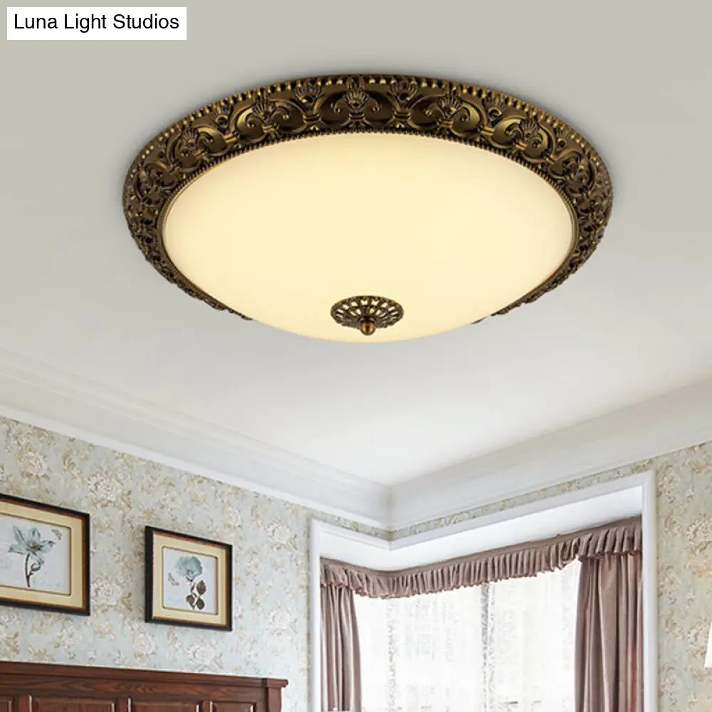 Frosted Glass Ceiling Fixture - Rustic Led Bedroom Flush Mount Lighting In Brass (Bowl Design