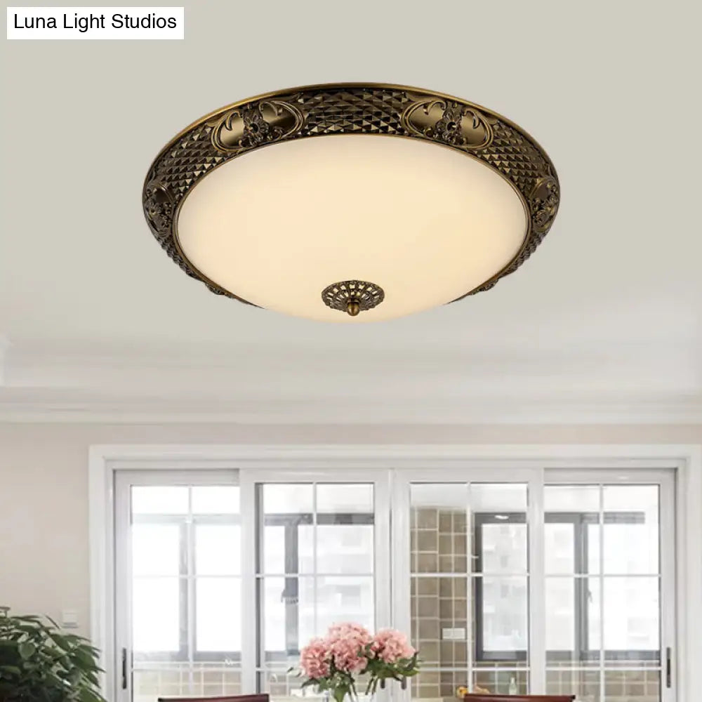 Frosted Glass Ceiling Fixture - Rustic Led Bedroom Flush Mount Lighting In Brass (Bowl Design