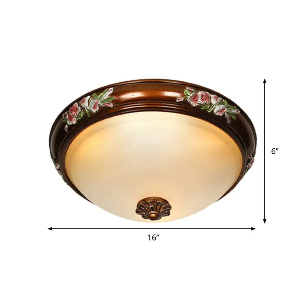 Frosted Glass Dome Shape Ceiling Flush Vintage Light Fixture With Blossom Design - Brown