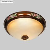 Frosted Glass Dome Shape Ceiling Flush Vintage Light Fixture With Blossom Design - Brown