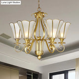 Frosted Glass Floral Pendant Chandelier - White Colonialist Design Brass Finish 6 Lights Ideal For