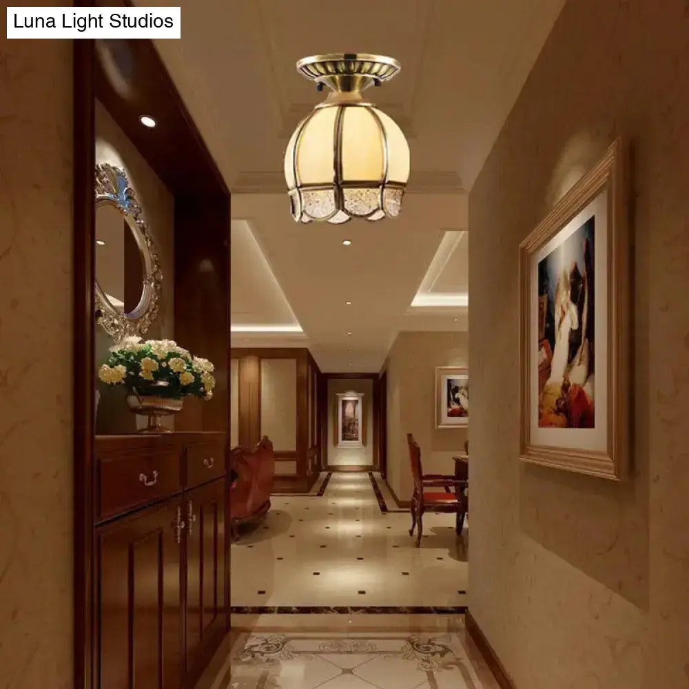 Frosted Glass Flush Lamp - Curved/Cylinder/Flower Design 1-Light Corridor Mount Light In Brass / C