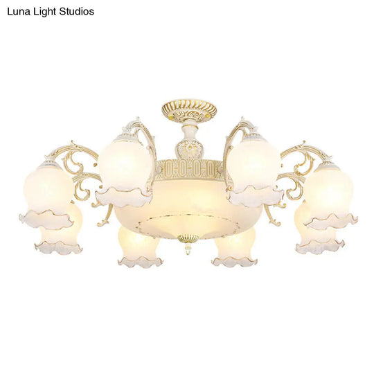 Frosted Glass Flush Mount Chandelier - Bud Shade Classic Living Room Semi Light Fixture 11 / White
