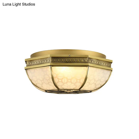 Frosted Glass Gold Flush Mount Ceiling Fixture With Flower Pattern - 4 - Light Colonial Metal Design