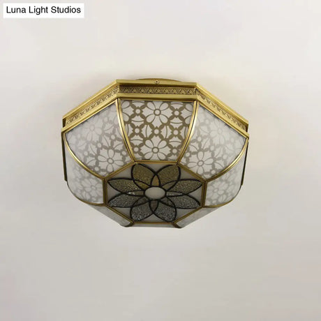Frosted Glass Gold Flush Mount Ceiling Fixture With Flower Pattern - 4 - Light Colonial Metal Design